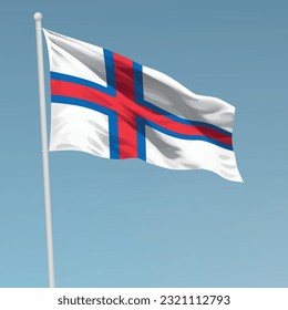 Waving flag of Faroe Islands on flagpole. Template for independence day poster design