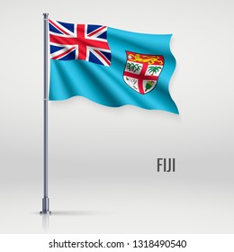 Waving flag of Fiji on flagpole. Template for independence day poster design