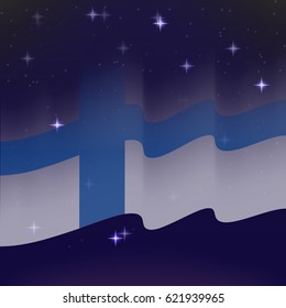 Waving flag of Finland. Background of the night starry sky. Shining in the colors of the national flag. vector illustration