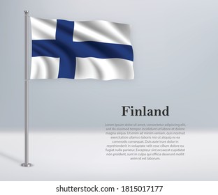 Bandera ondeando Finlandia en el asta. Plantilla para diseño de afiches del día de la independencia