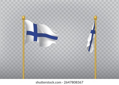 Waving flag of Finland on a golden pole. National Scandinavian symbol of culture, identity, and unity.