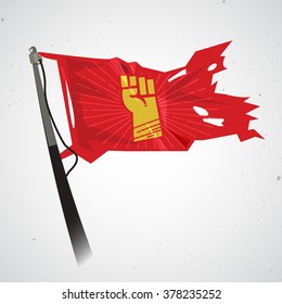 waving flag with fist hand of revolution. power and propaganda concept - vector illustration