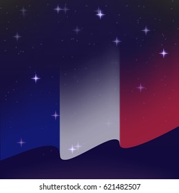 Waving flag of France. Background of the night starry sky. Shining in the colors of the national flag. vector illustration