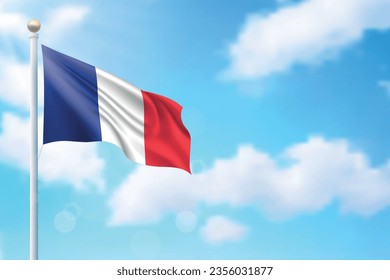 Waving flag of France on sky background. Template for independence day poster design