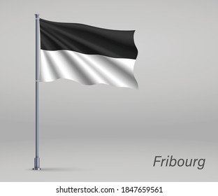 Waving flag of Fribourg - canton of Switzerland on flagpole. Template for independence day