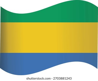 Bandera ondeante de Gabón con Horizontales franjas verdes, amarillas y azules, que simbolizan los ricos recursos naturales de la nación y su conexión con el mar.