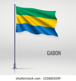 Waving flag of Gabon on flagpole. Template for independence day poster design