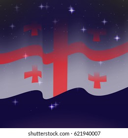 Waving flag of Georgia. Background of the night starry sky. Shining in the colors of the national flag. vector illustration