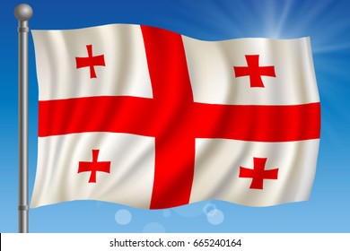 Waving flag of Georgia on a sky background. Vector illustration