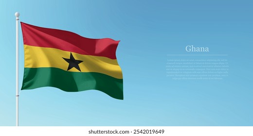 Winkende Flagge von Ghana auf einem Pol mit blauem Himmel Hintergrund mit Kopienraum