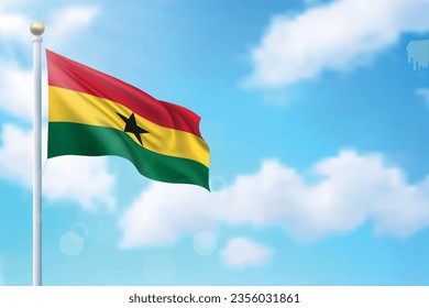 Waving flag of Ghana on sky background. Template for independence day poster design