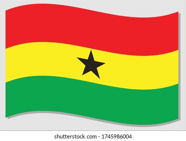 Waving flag of Ghana vector graphic. Waving Ghanaian flag illustration. Ghana country flag wavin in the wind is a symbol of freedom and independence.