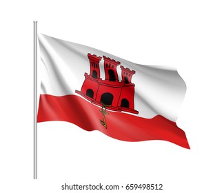 Waving flag of Gibraltar. Illustration of Europe country flag on flagpole. Vector 3d icon isolated on white background