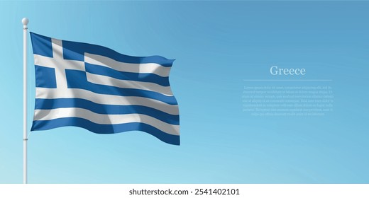 Waving flag of Greece on a pole with a blue sky backdrop with copyspace