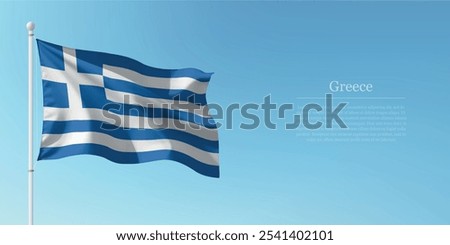 Waving flag of Greece on a pole with a blue sky backdrop with copyspace
