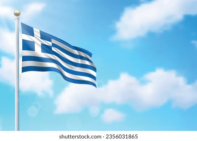 Waving flag of Greece on sky background. Template for independence day poster design