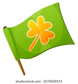 Waving flag of green color with the image of a golden shamrock, on a white background. Attribute of the holiday St. Patrick's Day for the design of postcards, booklets on holidays in Ireland.