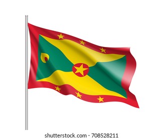 Waving flag of Grenada. Illustration of North America country flag on flagpole. 3d vector icon isolated on white background