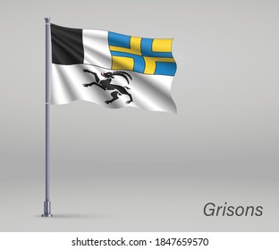 Waving flag of Grisons - canton of Switzerland on flagpole. Template for independence day