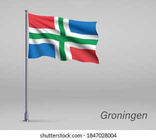 Waving flag of Groningen - province of Netherlands on flagpole. Template for independence 