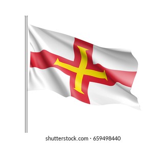 Waving flag of Guernsey. Illustration of Europe country flag on flagpole. Vector 3d icon isolated on white background