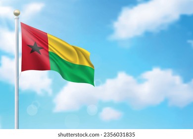 Waving flag of Guinea-Bissau on sky background. Template for independence day poster design