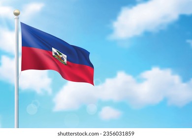 Waving flag of Haiti on sky background. Template for independence day poster design