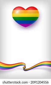 Waving flag and heart of LGBT pride card template. LGBTQ related symbols in rainbow colors with white copy space. Love, freedom, support realistic vector illustration.