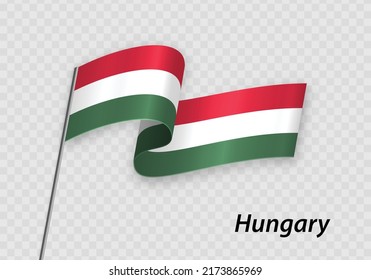 Waving flag of Hungary on flagpole. Template for independence day design