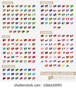 Waving flag icon, big flags collection sorted by continents and alphabetically. Vector illustration.