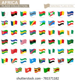 Waving flag icon, flags of Africa countries sorted alphabetically. Vector illustration.