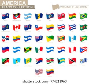 Waving flag icon, flags of America countries sorted alphabetically. Vector illustration.