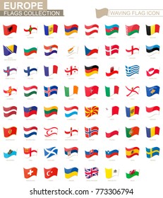 Waving flag icon, flags of Europe countries sorted alphabetically. Vector illustration.