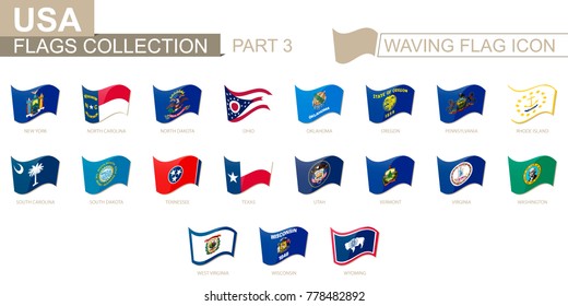 Waving flag icon, flags of the US states sorted alphabetically, from New York state to Wyoming. Vector illustration.