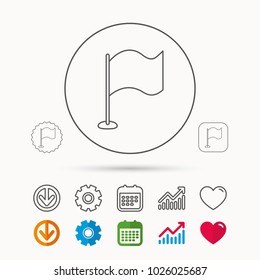 Waving flag icon. Location pointer sign. Calendar, Graph chart and Cogwheel signs. Download and Heart love linear web icons. Vector