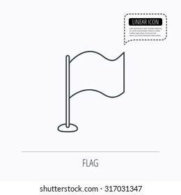 Waving flag icon. Location pointer sign. Linear outline icon. Speech bubble of dotted line. Vector