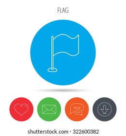 Waving flag icon. Location pointer sign. Mail, download and speech bubble buttons. Like symbol. Vector