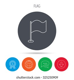 Waving flag icon. Location pointer sign. Globe, download and speech bubble buttons. Winner award symbol. Vector