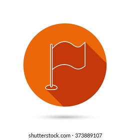 Waving flag icon. Location pointer sign. Round orange web button with shadow.