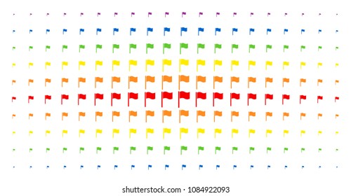 Waving flag icon spectrum halftone pattern. Vector waving flag items are organized into halftone matrix with vertical rainbow colors gradient. Constructed for backgrounds, covers,