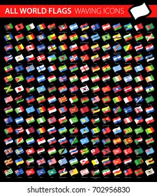 Waving Flag Icons on Black Background - All World Vector illustration