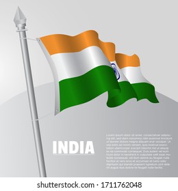 Waving flag of India on flagpole. template for independence day poster design. vector illustration EPS 10