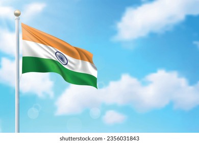 Waving flag of India on sky background. Template for independence day poster design