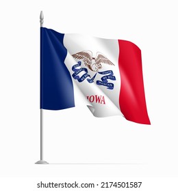 Waving flag of Iowa on flagpole, USA federal state. National wavy flag of American State, symbol of patriotism realistic vector illustration