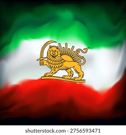 Waving flag of iran lion and sun, grunge tricolor background. Iranian protest, revolution, riot. Template for patriotic protest banner poster, flyer card. Iran national booklet. Vector design