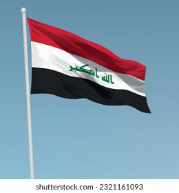 Bandera ondeando Iraq en asta. Plantilla para diseño de afiches del día de la independencia