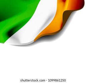 Waving flag of Ireland close-up with shadow on white background. Vector illustration with copy space