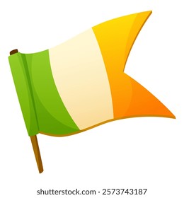 Waving flag of Ireland, on a white background. Flag tricolor, green, white, orange. Flag on a flagpole. Attribute of the country, for design of postcards, booklets for Irish holidays, St Patricks Day.