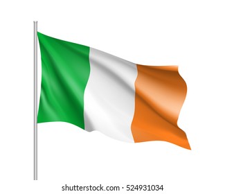 Waving flag of Ireland state. Illustration of European country flag on flagpole with red and white colors. Vector 3d icon isolated on white background