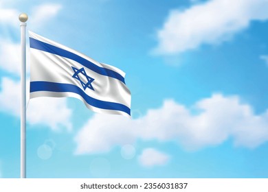 ondeando la bandera de Israel en el fondo del cielo. Plantilla para diseño de afiches del día de la independencia